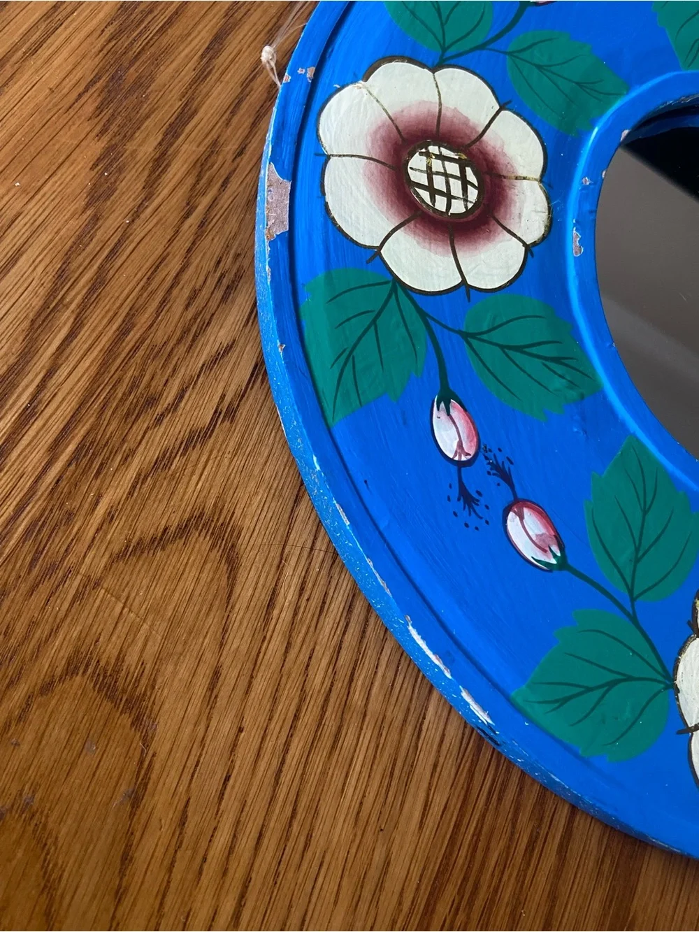 Vintage Folk Art Hand-Painted Blue Floral Round Wall Mirror